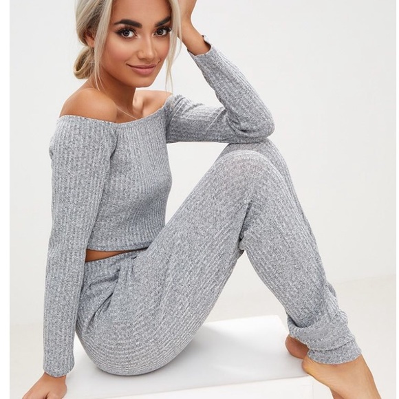 PrettyLittleThing Sweaters - Pretty little thing grey marl Bardot knit set